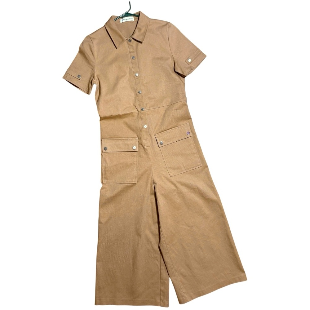 Pixie Market Snap Wide Leg Crop Jumpsuit In Khaki Tan Sz S